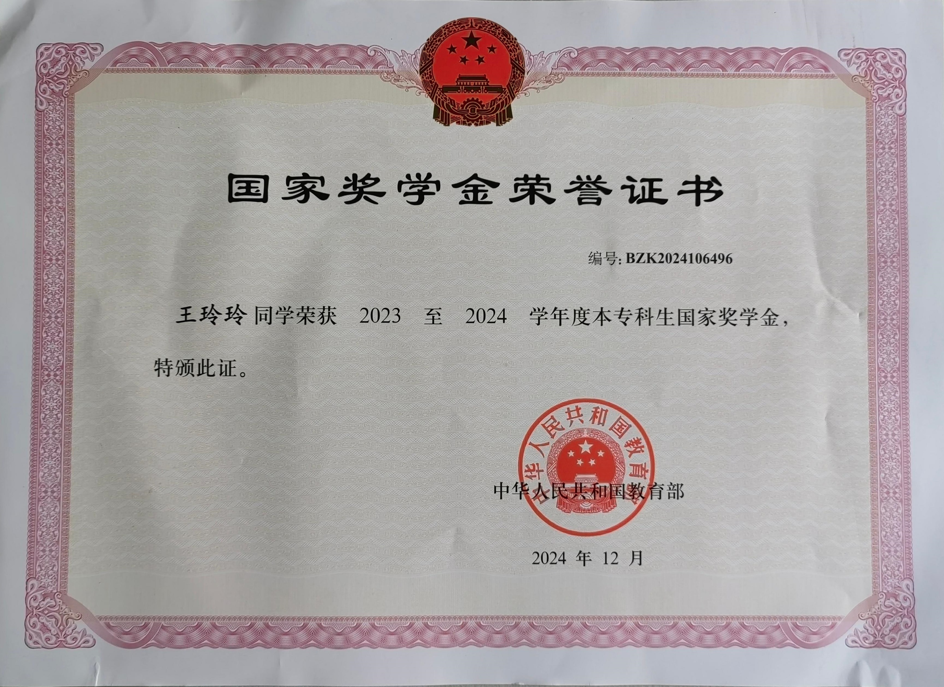 国家奖学金荣誉证书_副本