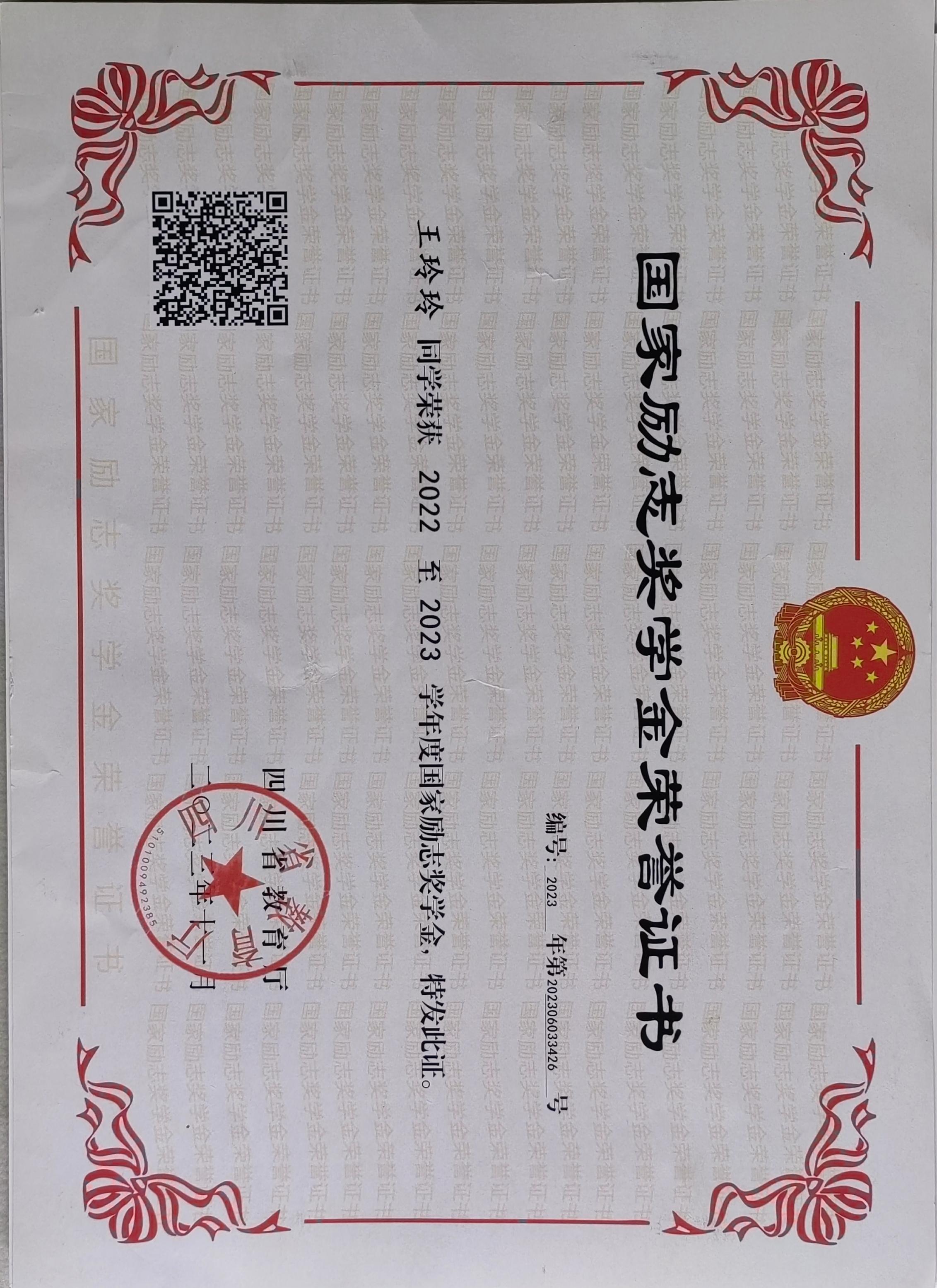 国家励志奖学金荣誉证书